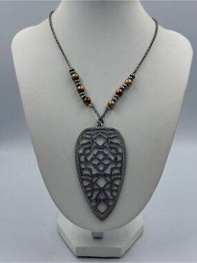 Charming Charlie Filigree Teardrop Beaded Necklace Silver and Gold Tone Boho